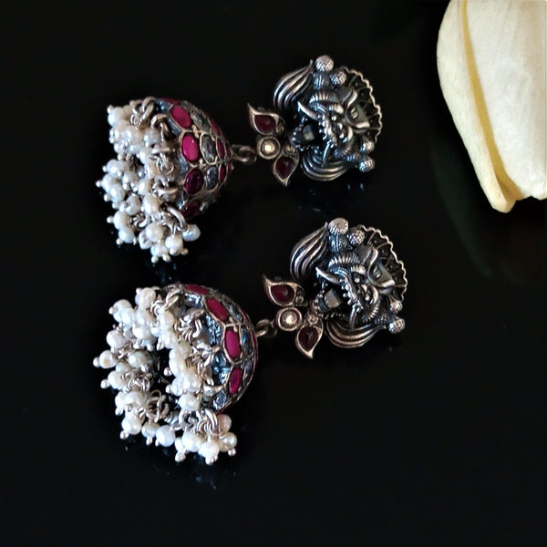 Handmade Oxidized Silver Ruby Pearl Jhumkas - Enumu
