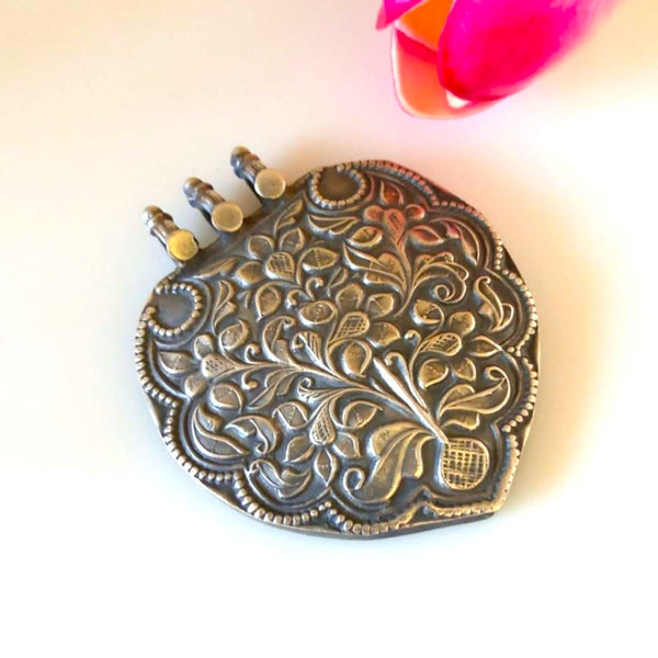 Pure Silver Oxidized Chitai Hand carved Flower Pendant - Enumu