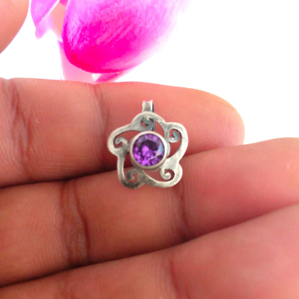 Pure Silver Amethyst Flower Nose Pin ( Non - Pierced ) - Enumu