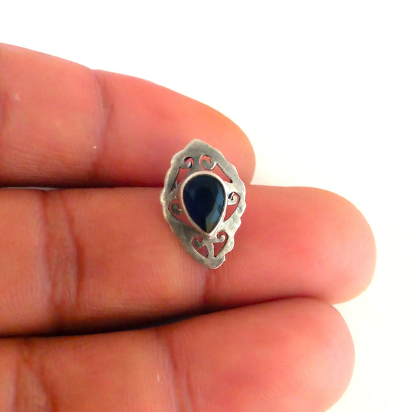 Handmade Pure Silver Bluish Black Nose Pin ( Pierced ) - Enumu