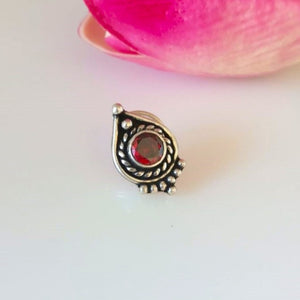 Handmade Pure Silver 92.5 Garnet Nose Pin ( Pierced ) - Enumu