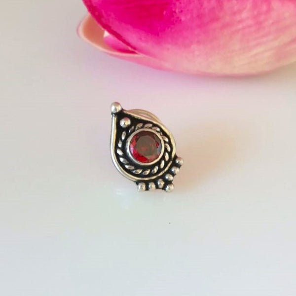 Handmade Pure Silver 92.5 Garnet Nose Pin ( Pierced ) - Enumu