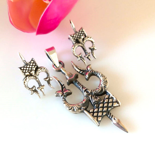 Handmade Pure Silver Trishul Pendant Set - Enumu