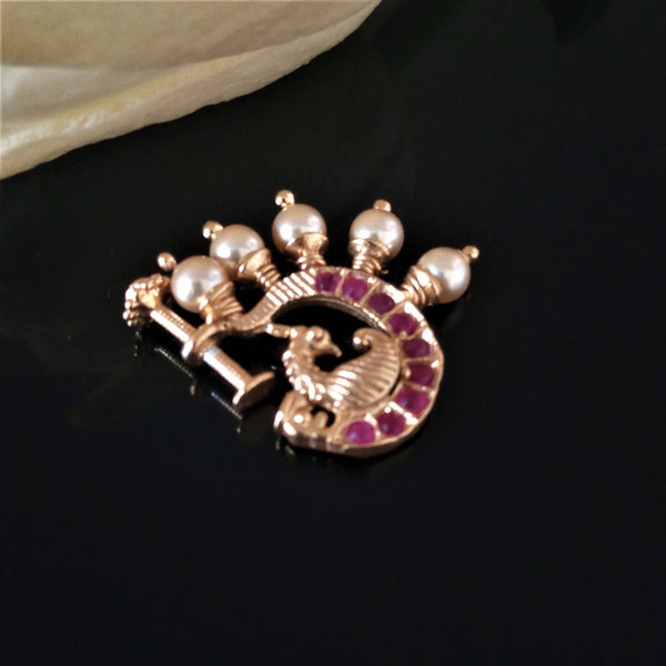 Pure Silver Bird Ruby Golden Pearl Press Nose Pin - Enumu