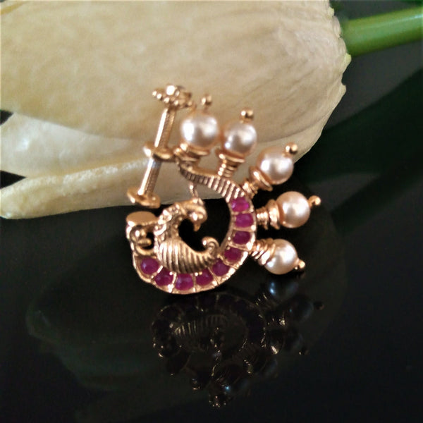 Pure Silver Bird Ruby Golden Pearl Press Nose Pin - Enumu