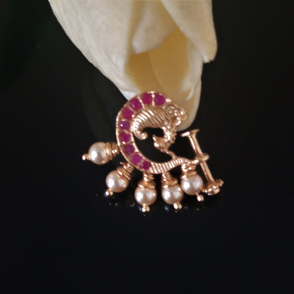 Pure Silver Bird Ruby Golden Pearl Press Nose Pin - Enumu