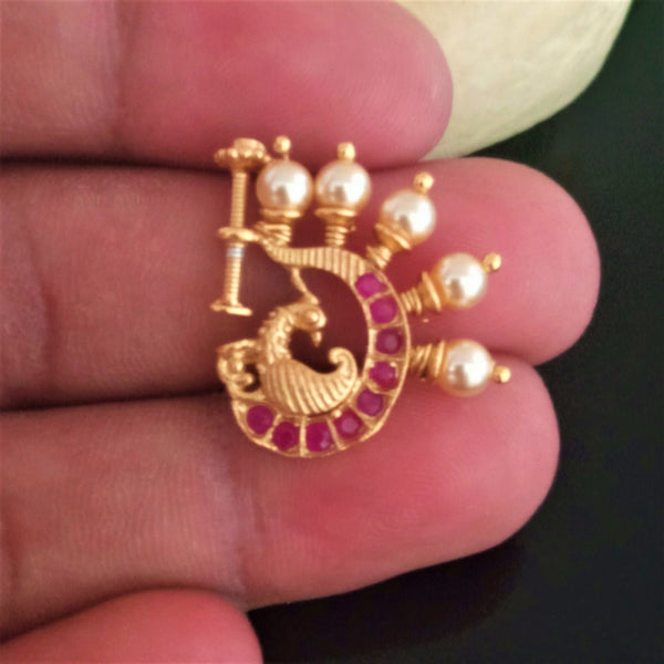 Pure Silver Bird Ruby Golden Pearl Press Nose Pin - Enumu