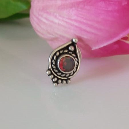 Handmade Pure Silver 92.5 Garnet Nose Pin ( Pierced ) - Enumu