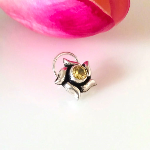 Handmade Pure Silver 92.5 Flower Citrine Nose Pin ( Pierced ) - Enumu