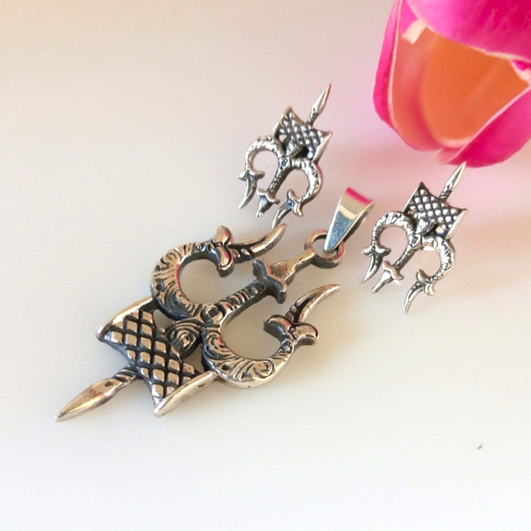 Handmade Pure Silver Trishul Pendant Set - Enumu