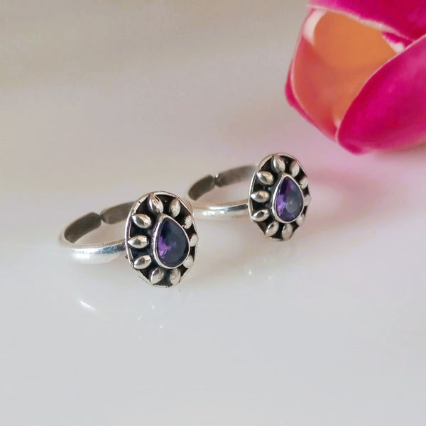 Adjustable Pure Silver Amethyst Toe Rings - Enumu