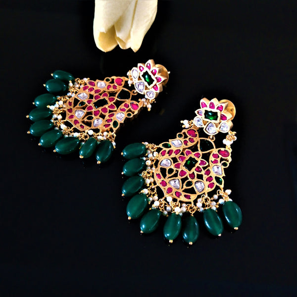 Pure Silver Kundan Emerald Drop Dangle Earrings - Enumu