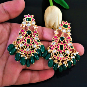 Pure Silver Kundan Emerald Drop Dangle Earrings - Enumu