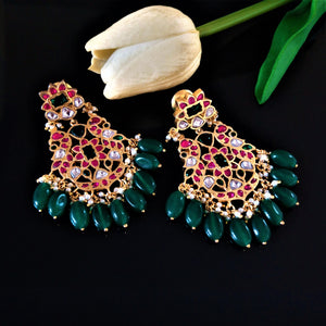 Pure Silver Kundan Emerald Drop Dangle Earrings - Enumu