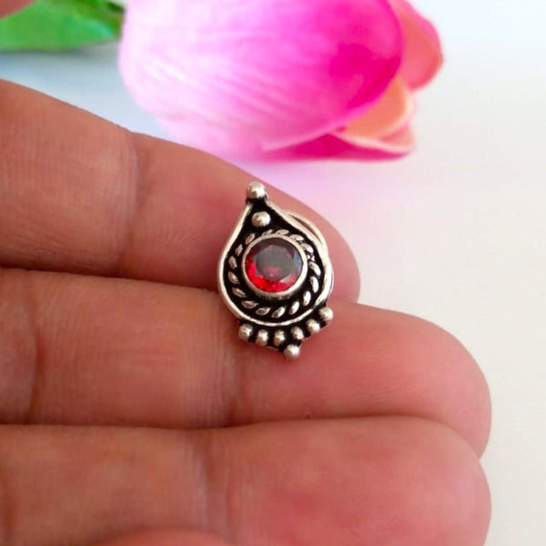 Handmade Pure Silver 92.5 Garnet Nose Pin ( Pierced ) - Enumu