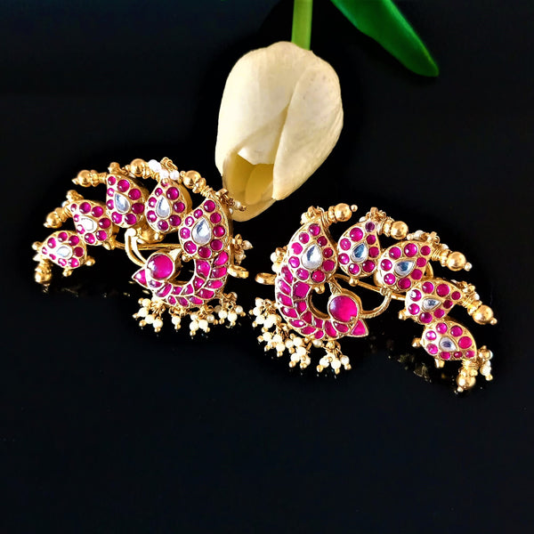 Handmade Pure Silver Kundan Peacock Ear Cuffs - Enumu