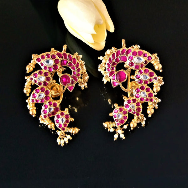 Handmade Pure Silver Kundan Peacock Ear Cuffs - Enumu