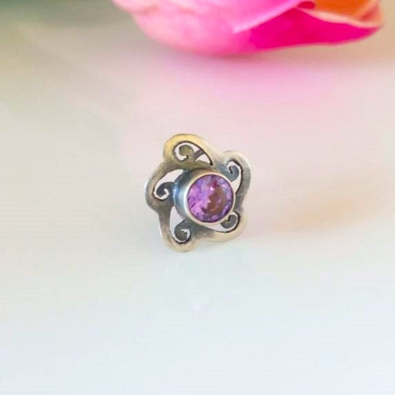 Handmade Pure Silver 92.5 Amethyst Flower Nose Pin ( Pierced ) - Enumu