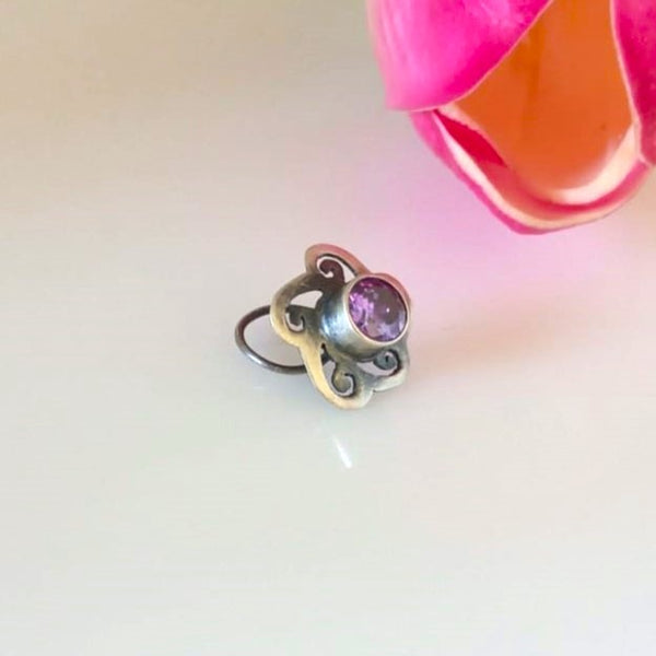 Handmade Pure Silver 92.5 Amethyst Flower Nose Pin ( Pierced ) - Enumu