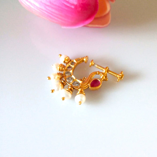 Pure Silver Ruby CZ Pearl Press Nose Pin ( Non - Pierced ) - Enumu