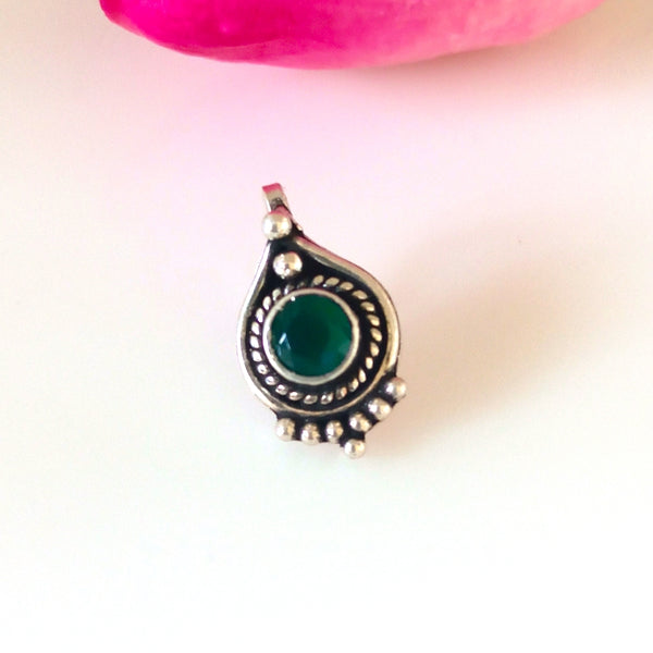 Handmade Pure Silver Emerald Drop Nose Pin ( Non - Pierced ) - Enumu