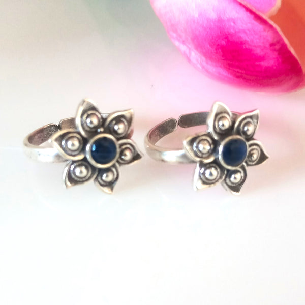 Adjustable 92.5 Pure Silver Blue Flower Toe Rings - Enumu