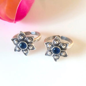 Adjustable 92.5 Pure Silver Blue Flower Toe Rings - Enumu