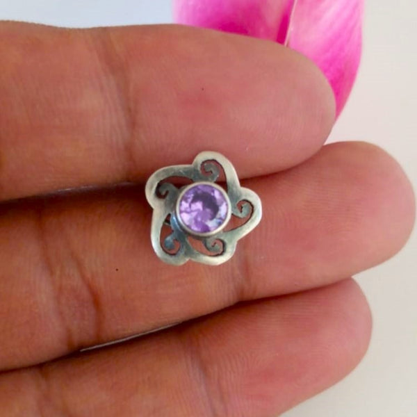 Handmade Pure Silver 92.5 Amethyst Flower Nose Pin ( Pierced ) - Enumu