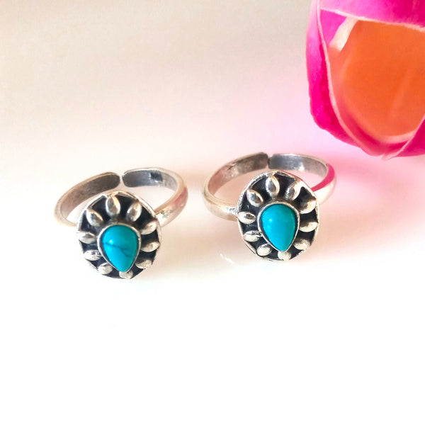 Adjustable Pure Silver Turquoise Drop Toe Rings - Enumu