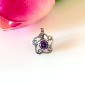 Pure Silver Amethyst Flower Nose Pin ( Non - Pierced ) - Enumu