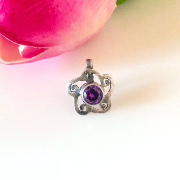Pure Silver Amethyst Flower Nose Pin ( Non - Pierced ) - Enumu