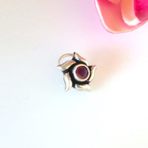 Handmade Pure Silver 92.5 Ruby Flower Nose Pin ( Pierced ) - Enumu