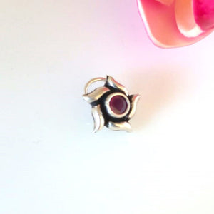 Handmade Pure Silver 92.5 Ruby Flower Nose Pin ( Pierced ) - Enumu