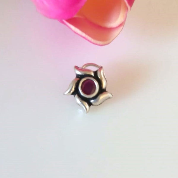 Handmade Pure Silver 92.5 Ruby Flower Nose Pin ( Pierced ) - Enumu