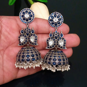 Handmade Oxidized Silver Blue Pearl Jhumkas - Enumu