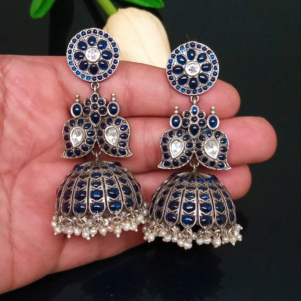 Handmade Oxidized Silver Blue Pearl Jhumkas - Enumu