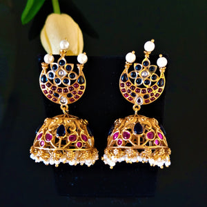 Handmade Pure Silver Ruby and Sapphire Jhumkas - Enumu