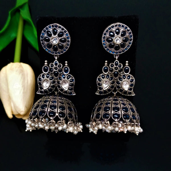 Handmade Oxidized Silver Blue Pearl Jhumkas - Enumu