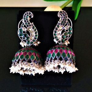 Huge Broad Oxidized Silver Emerald Ruby Pearl Jhumkas - Enumu