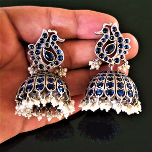 Huge Broad Oxidized Silver Swan Pearl Jhumkas - Enumu
