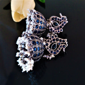 Huge Broad Oxidized Silver Swan Pearl Jhumkas - Enumu