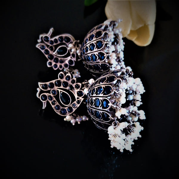 Huge Broad Oxidized Silver Swan Pearl Jhumkas - Enumu