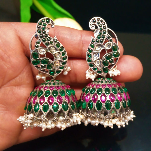 Super Big Long Oxidized Silver Emerald Pearl Jhumkis Jhumkas Enumu
