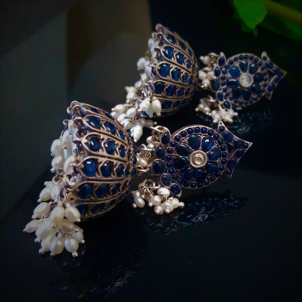 Huge Broad Oxidized Silver Guttapusalu Pearl Jhumkas - Enumu