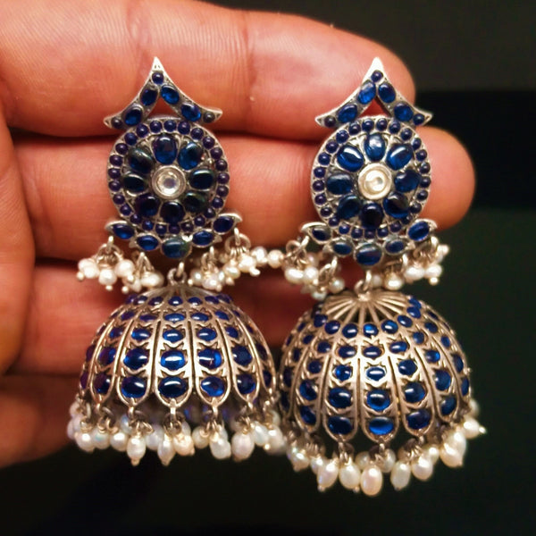 Huge Broad Oxidized Silver Guttapusalu Pearl Jhumkas - Enumu