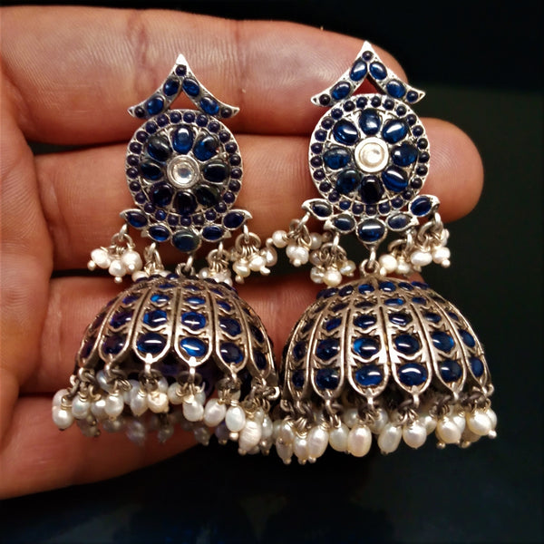 Huge Broad Oxidized Silver Guttapusalu Pearl Jhumkas - Enumu