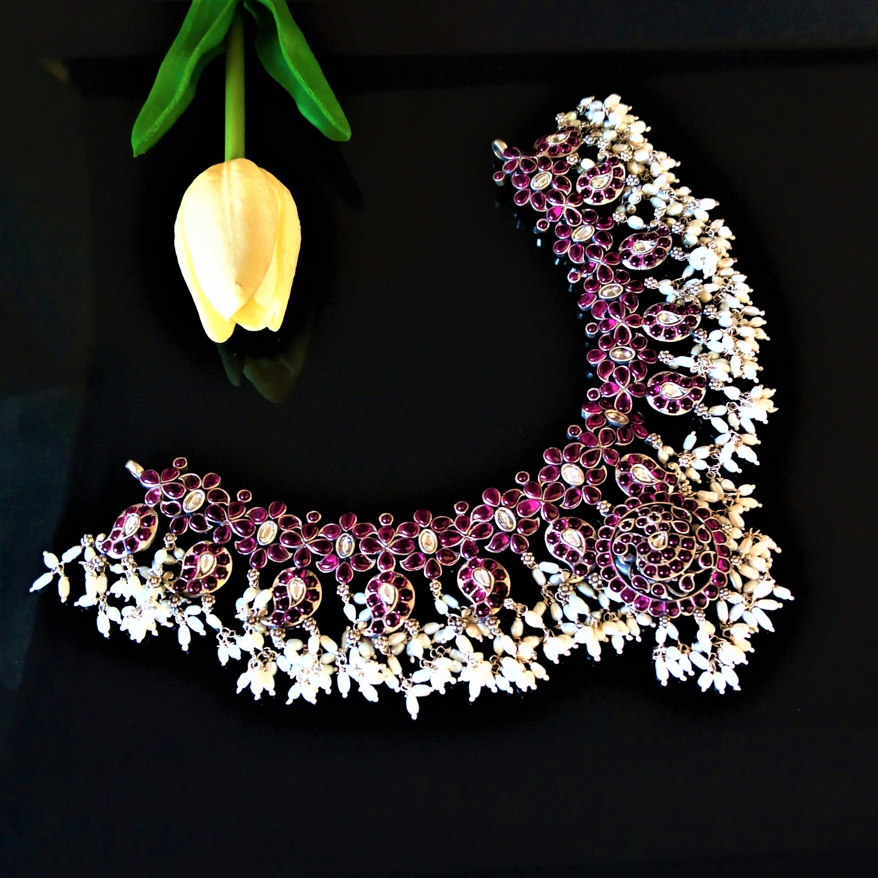 Pure Silver Oxidized Guttapusalu Uncut Ruby Necklace Enumu