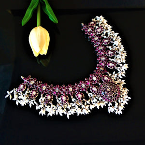 Pure Silver Oxidized Guttapusalu Uncut Ruby Necklace - Enumu