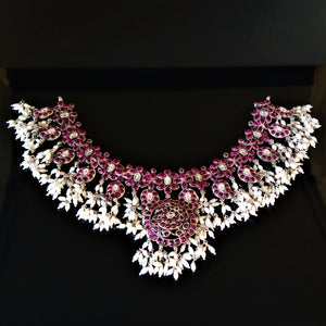 Pure Silver Oxidized Guttapusalu Uncut Ruby Necklace - Enumu