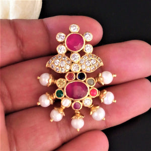 Pure Silver Navratna Designer Handmade Pearl Pendant - Enumu